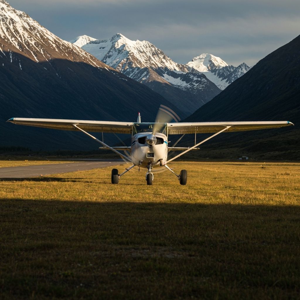 Bush plane landing on remote mountain airstrip