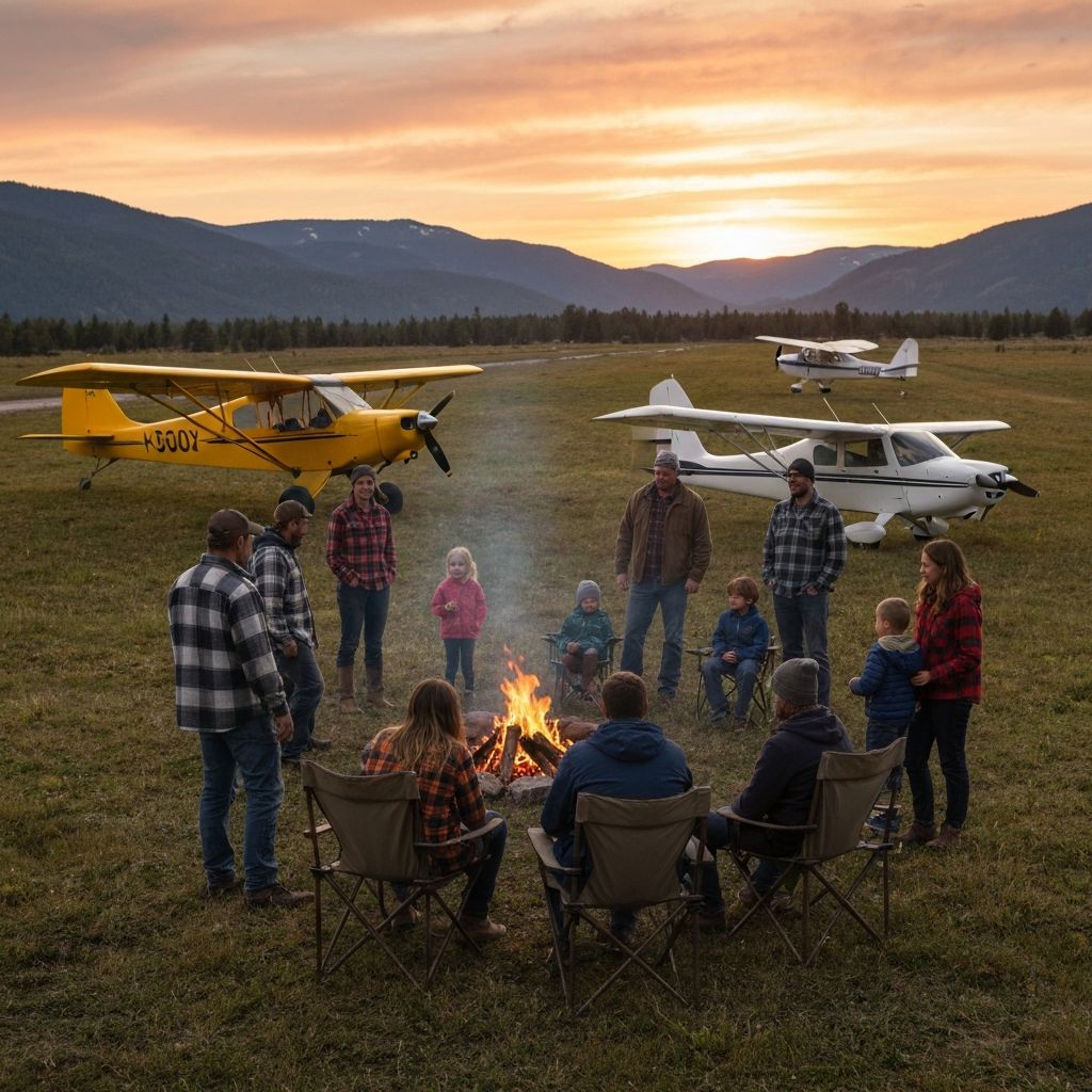 Pilots gathered around a campfire at sunset with Piper Cub, Kitfox, and Vans RV aircraft parked by a small backcountry grass runway
